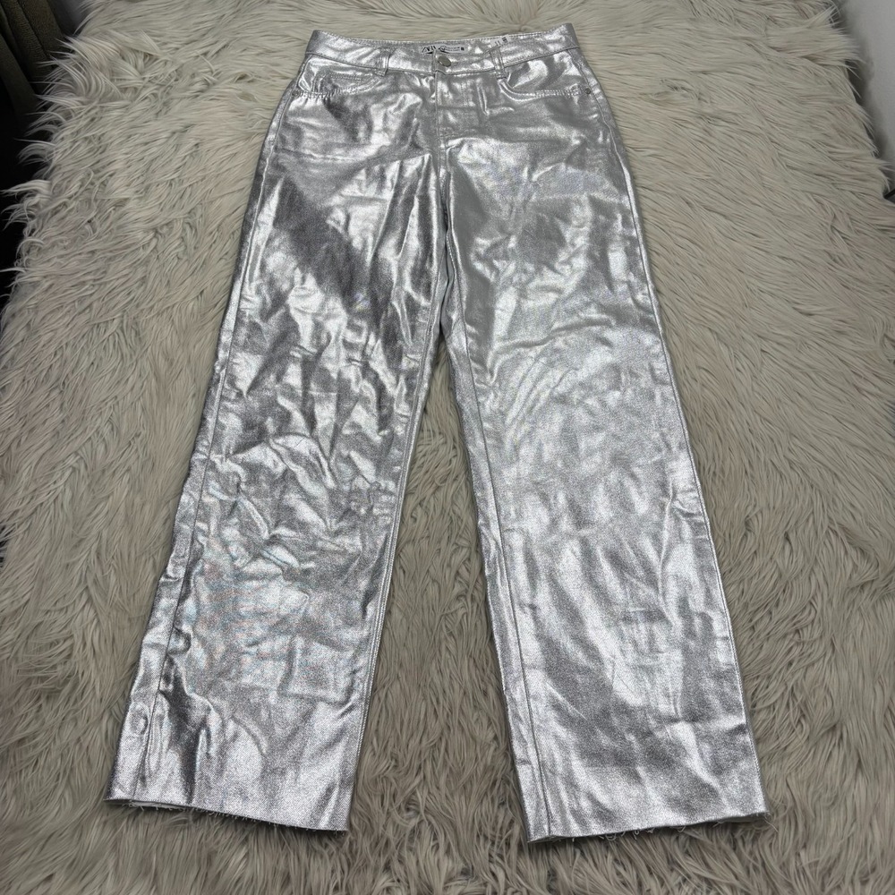 Zara Women's 4 Metallic Silver Coated Straight Leg Jeans New Years Holidays Rave